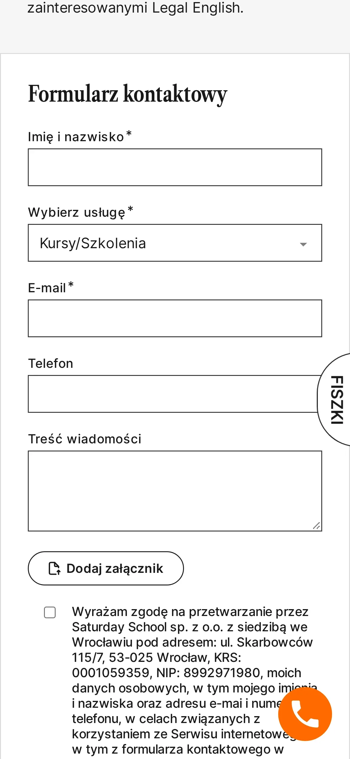 Formularz kontaktowy na telefonie: imię i nazwisko, wybór usługi „Kursy/Szkolenia”, e-mail, telefon, treść wiadomości, przycisk dodania załącznika i zgoda na przetwarzanie danych