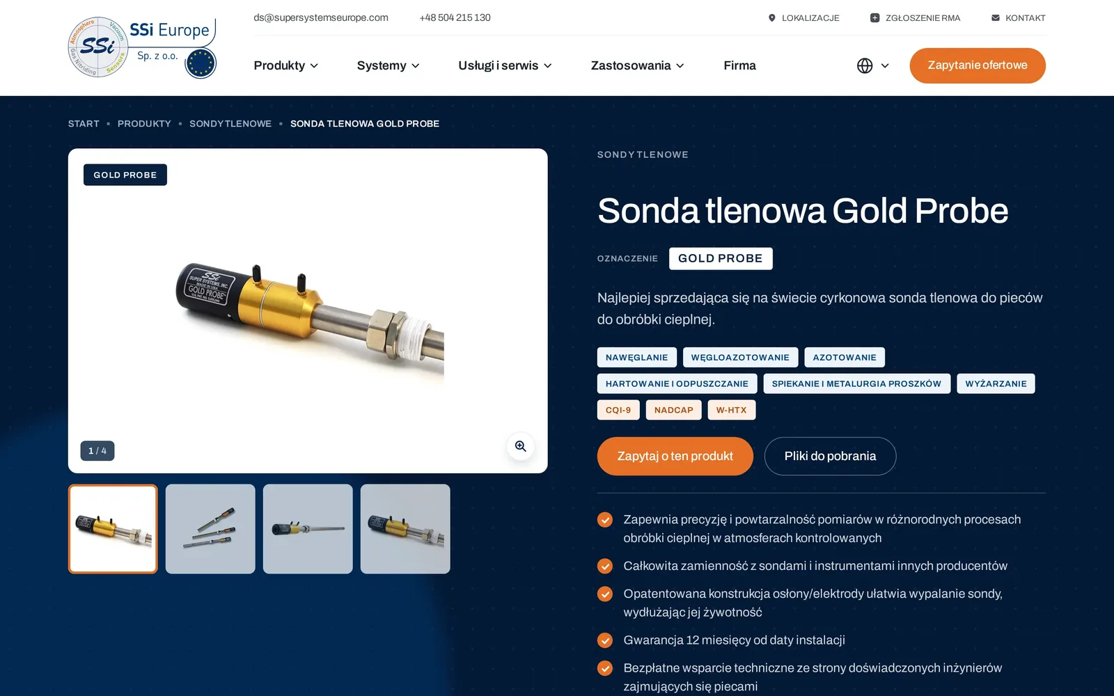 Karta produktu Sonda tlenowa Gold Probe na komputerze: galeria zdjęć z miniaturami, oznaczenia procesów i norm, przyciski „Zapytaj o ten produkt” i „Pliki do pobrania” oraz lista zalet