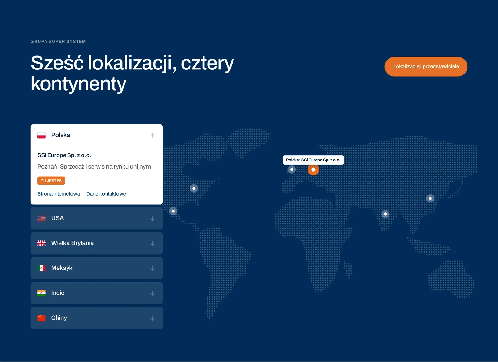 Sekcja „Sześć lokalizacji, cztery kontynenty” na stronie SSi Europe: mapa świata z kropek, rozwinięta karta Polski z SSi Europe Sp. z o.o. w Poznaniu i lista spółek w USA, Wielkiej Brytanii, Meksyku, Indiach i Chinach