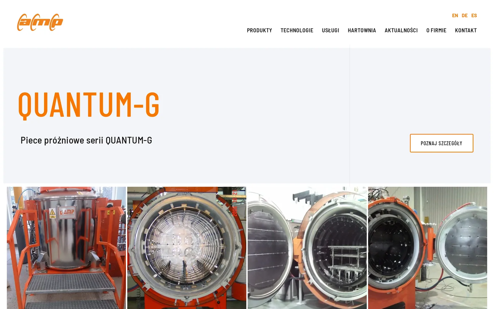 Strona serii QUANTUM-G na komputerze: nagłówek z przyciskiem „Poznaj szczegóły” i galeria zdjęć pieców z otwartymi komorami