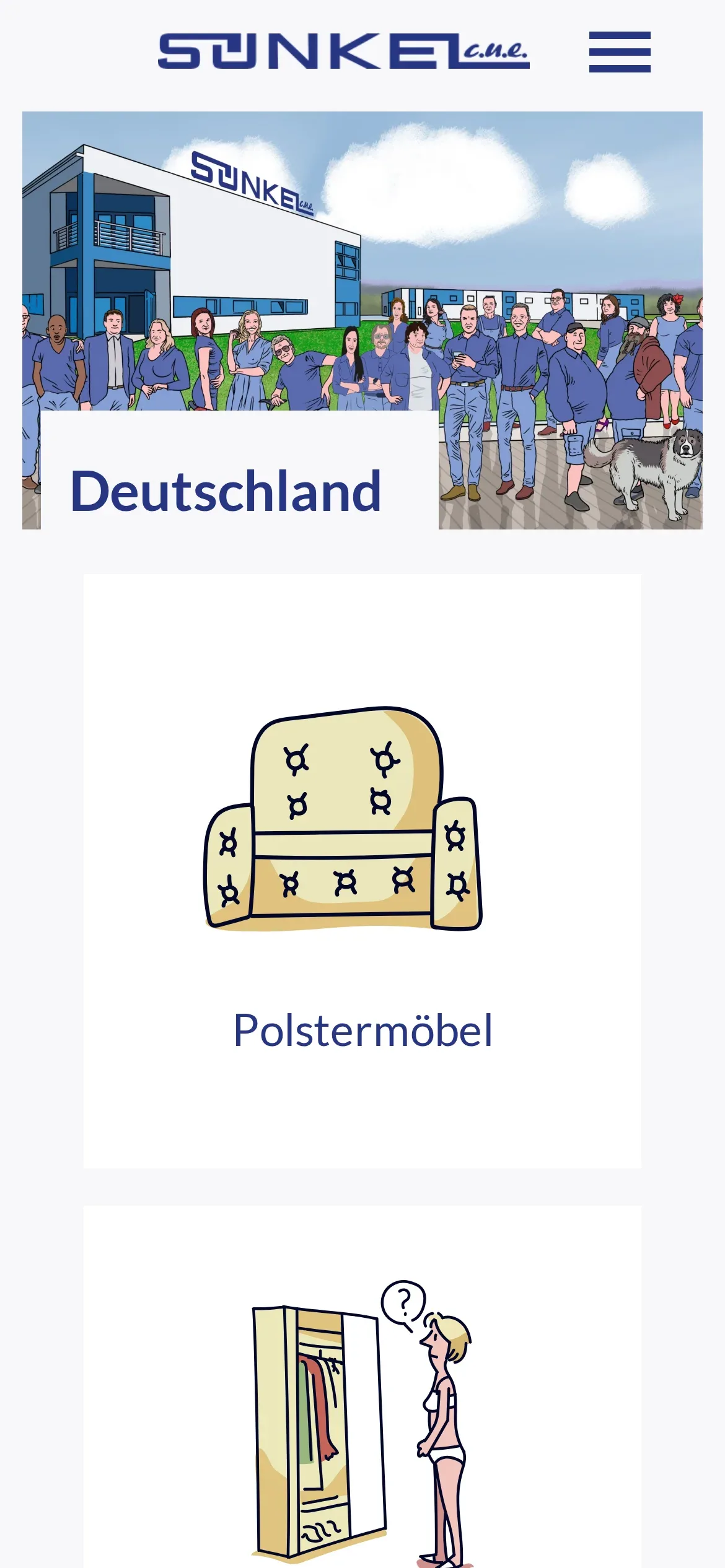 Strona główna Sünkel na telefonie: logo i przycisk menu, rysunek zespołu przed siedzibą z podpisem „Deutschland” i pierwsze kafle kategorii z fotelem i szafą