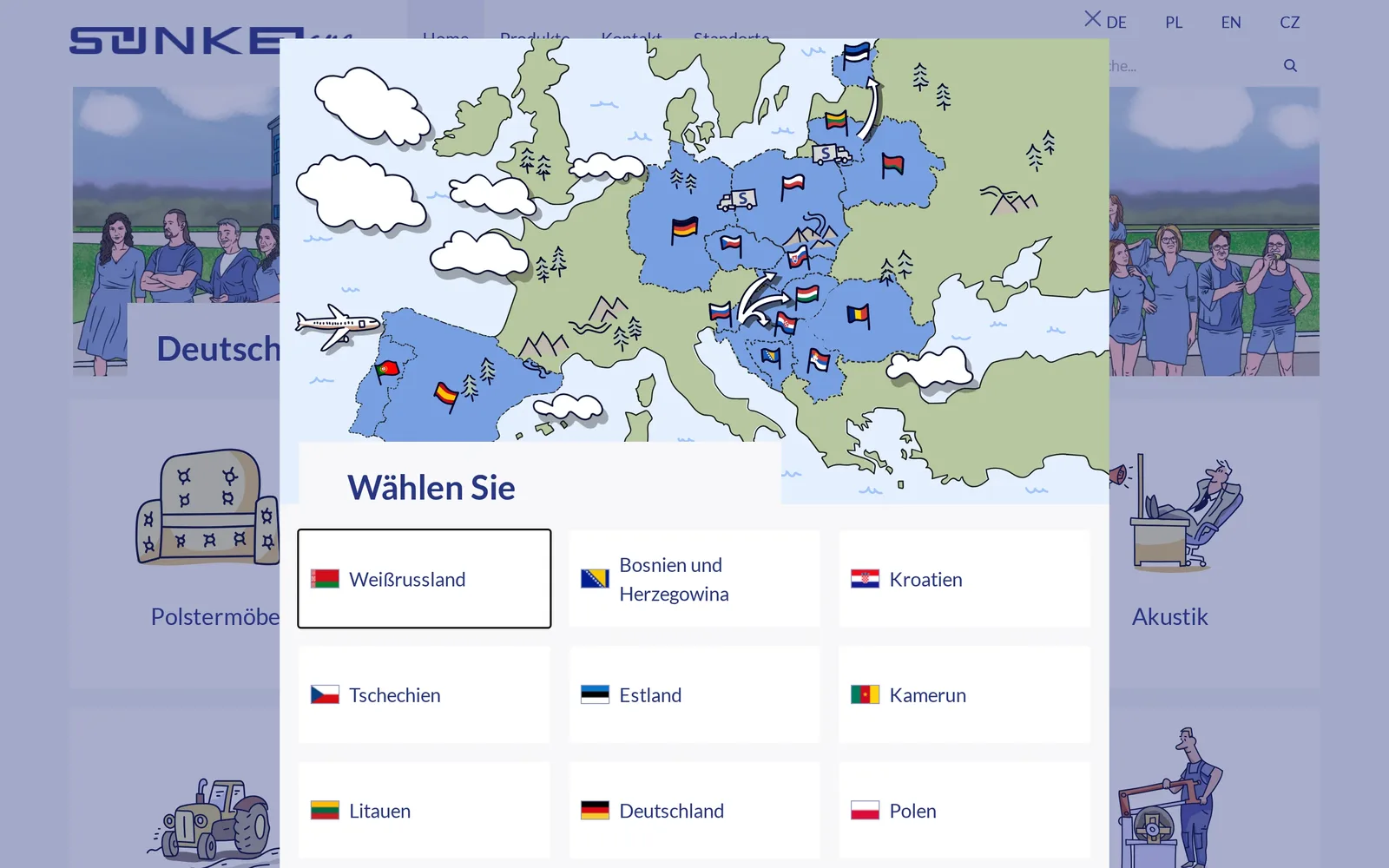 Okno wyboru kraju na stronie głównej: rysunkowa mapa Europy z flagami krajów, nagłówek „Wählen Sie” i przyciski krajów z flagami