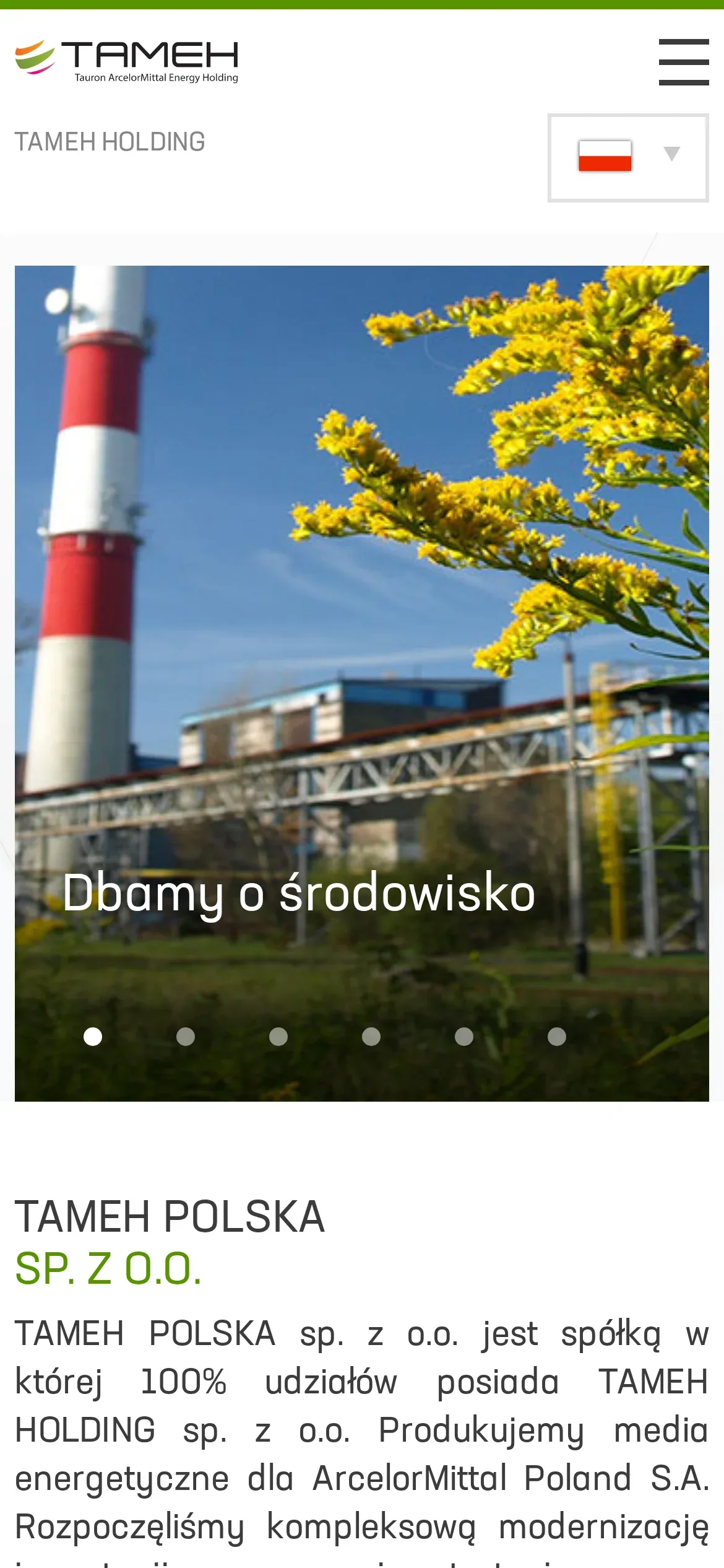 Strona główna TAMEH POLSKA na telefonie: logo, przycisk menu, wybór języka, slider z kominem elektrociepłowni i początek opisu spółki