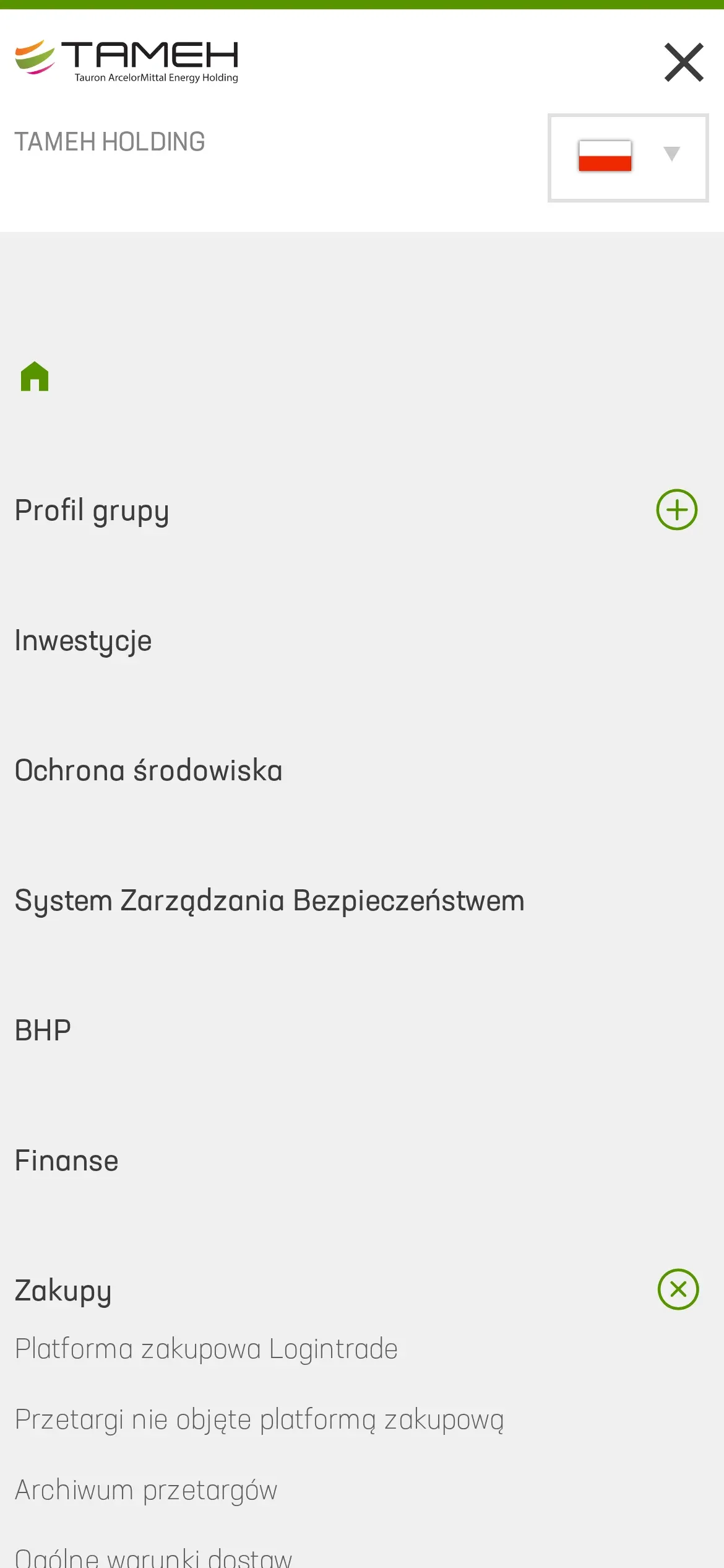 Otwarte menu TAMEH POLSKA na telefonie z rozwiniętym działem „Zakupy”: platforma zakupowa Logintrade, przetargi spoza platformy, archiwum przetargów i ogólne warunki dostaw