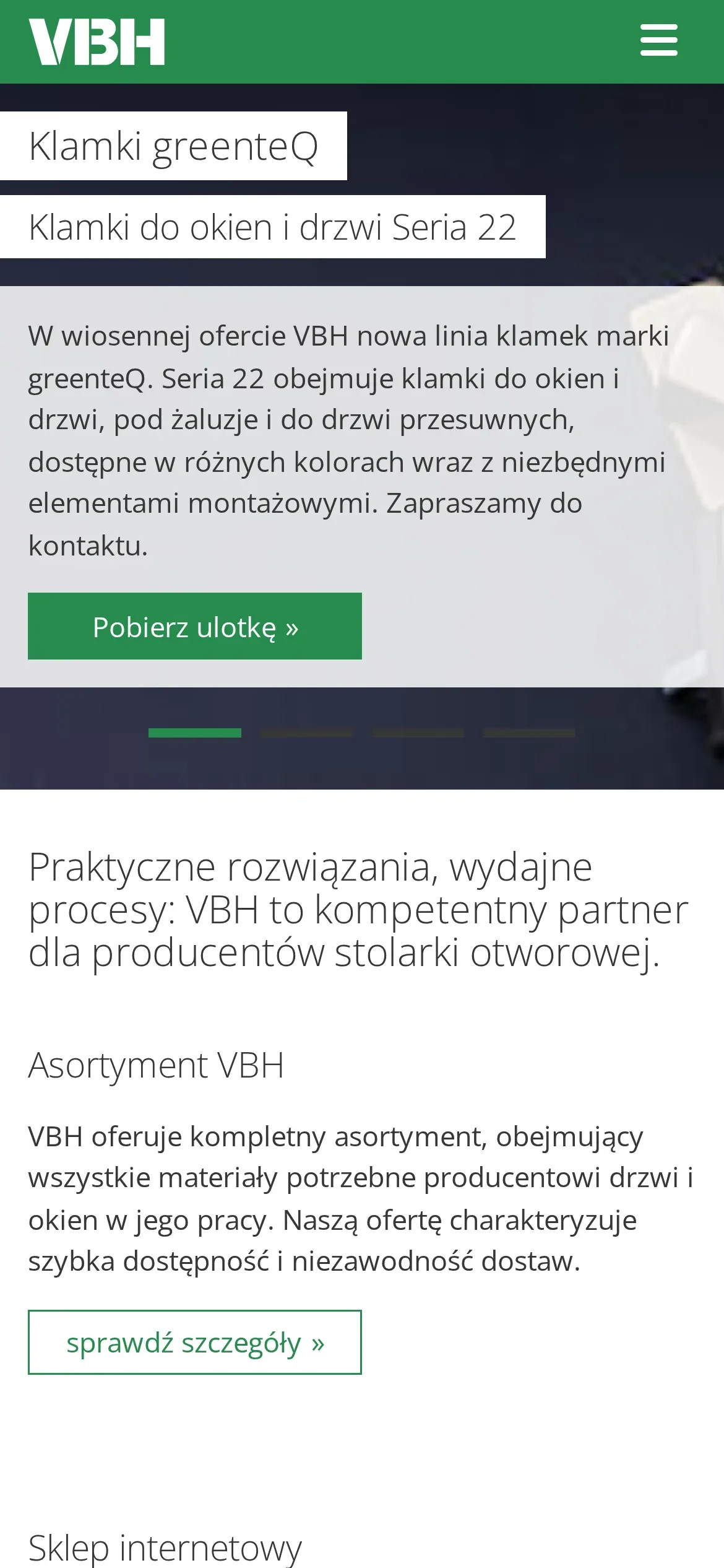 Strona główna vbh.pl na telefonie: zielony pasek z logo i przyciskiem menu, slider z klamkami greenteQ i początek wstępu o ofercie VBH
