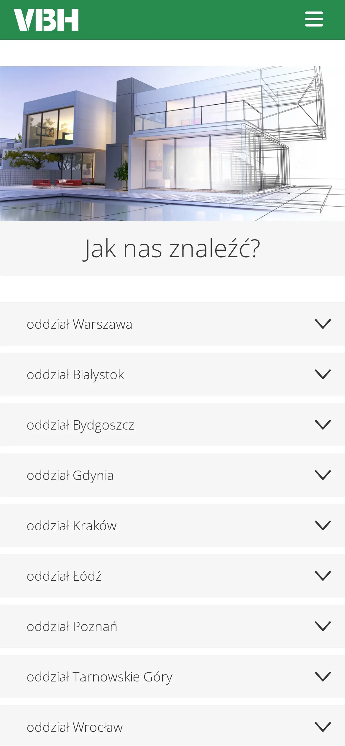 Lista oddziałów VBH Polska na telefonie: nagłówek „Jak nas znaleźć?” i rozwijane pozycje od Warszawy po Wrocław