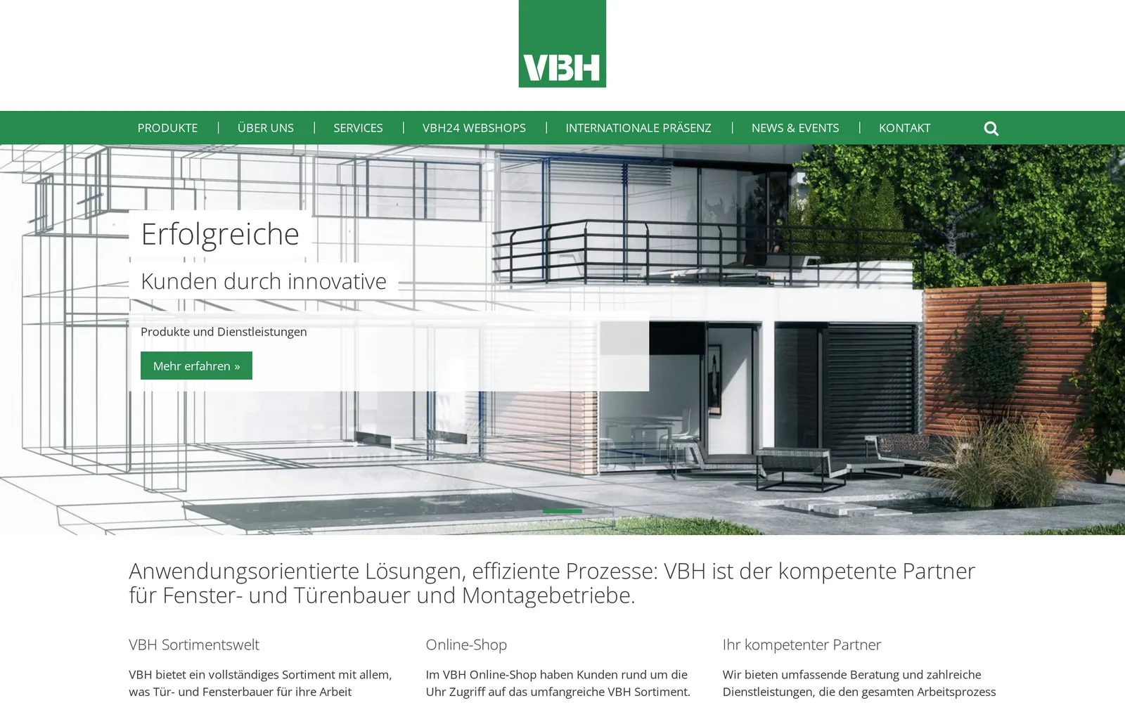 vbh.de na komputerze: to samo logo i zielone menu, slider po niemiecku z nowoczesnym domem i wstęp z trzema kolumnami