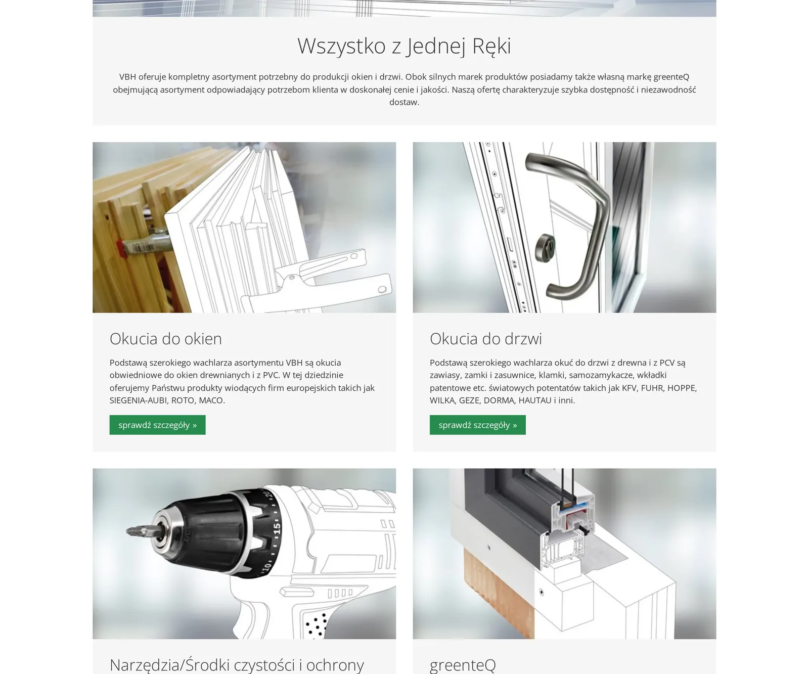 Strona „Katalog produktów” na vbh.pl: nagłówek „Wszystko z Jednej Ręki” i karty grup – okucia do okien, okucia do drzwi, narzędzia i greenteQ
