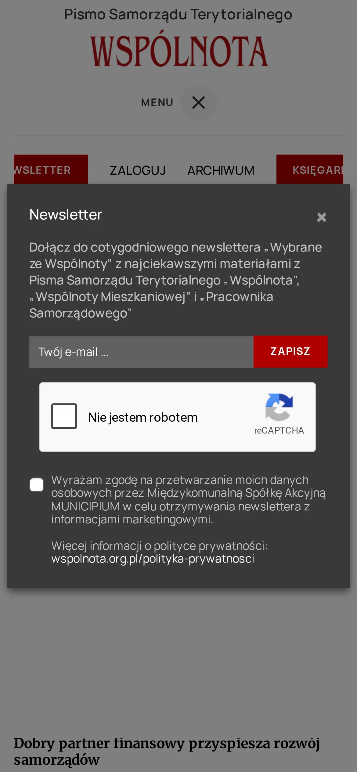 Okno zapisu do newslettera „Wybrane ze Wspólnoty” na telefonie: opis, pole e-mail z przyciskiem „Zapisz”, reCAPTCHA i zgoda na przetwarzanie danych