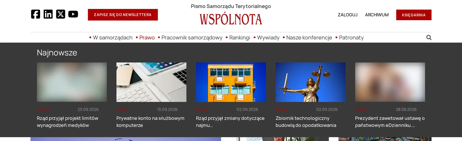 Rozwinięty dział „Prawo” w menu: ciemny pasek „Najnowsze” z pięcioma tekstami – miniatura, data i tytuł każdego