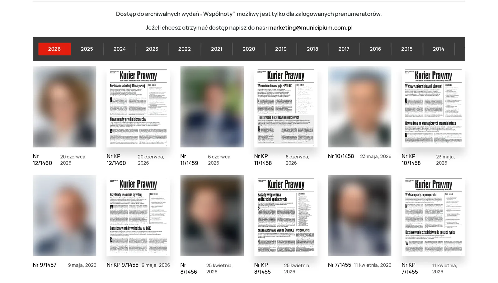 Archiwum wydań: informacja o dostępie dla prenumeratorów, zakładki lat od 2026 wstecz i okładki „Wspólnoty” oraz „Kuriera Prawnego” z numerem i datą wydania