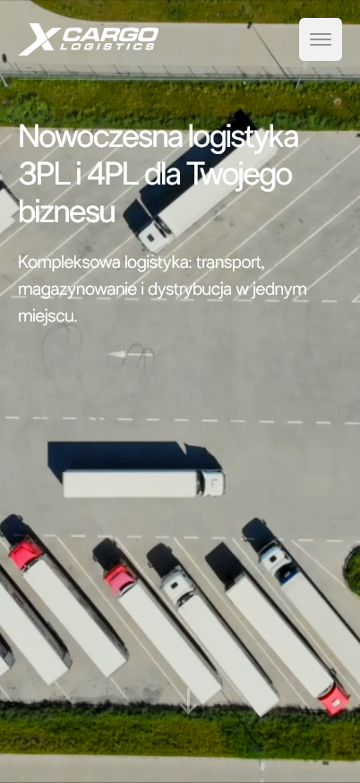Strona główna xCargo Logistics na telefonie: hasło o logistyce 3PL i 4PL na tle ciężarówek na parkingu z lotu ptaka