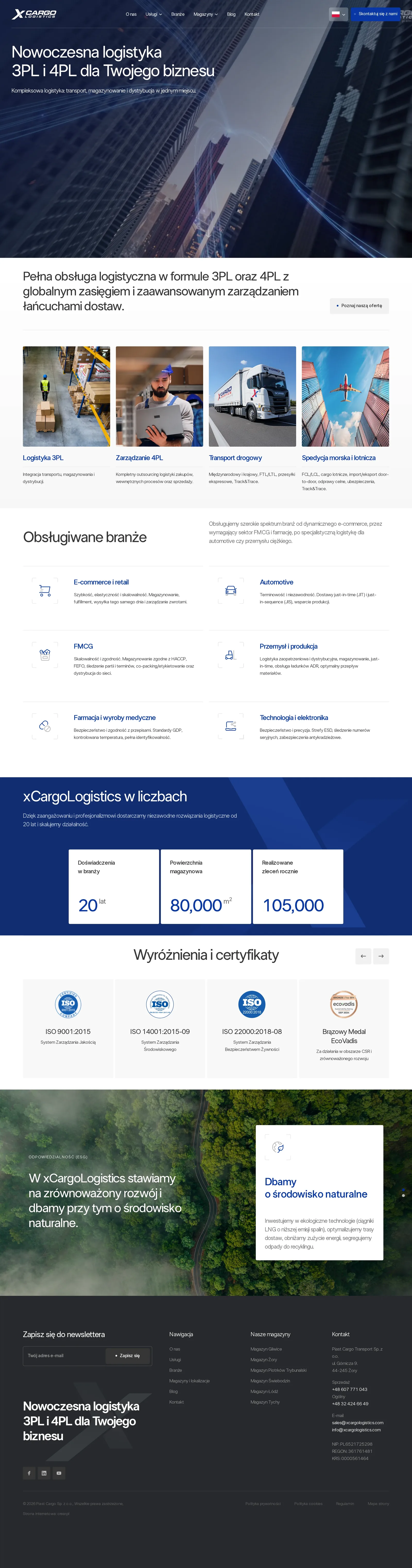 Cała strona główna xCargo Logistics: hero „Nowoczesna logistyka 3PL i 4PL dla Twojego biznesu”, usługi, obsługiwane branże, xCargo w liczbach, wyróżnienia i certyfikaty, sekcja ESG i stopka z newsletterem