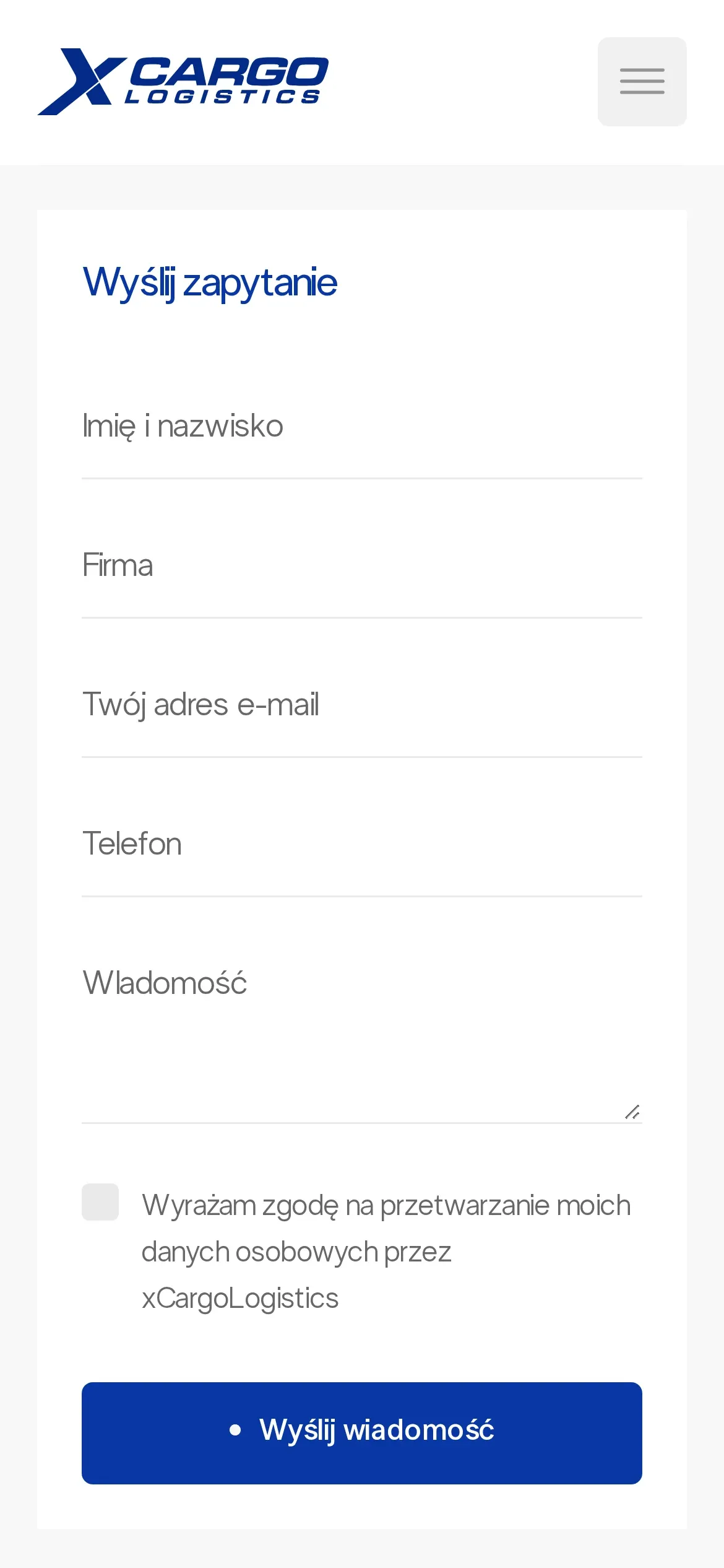 Formularz „Wyślij zapytanie” na stronie kontaktowej xCargo Logistics: imię i nazwisko, firma, e-mail, telefon, wiadomość, zgoda i przycisk „Wyślij wiadomość”