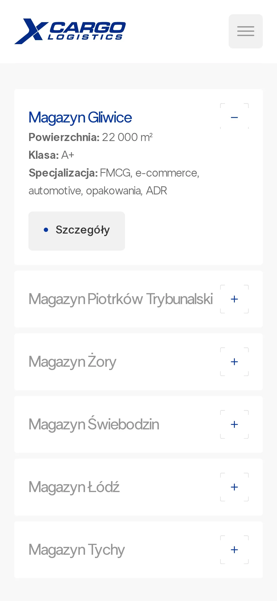 Lista magazynów xCargo Logistics na telefonie: rozwinięta karta Magazynu Gliwice z powierzchnią, klasą i specjalizacją oraz magazyny Piotrków Trybunalski, Żory, Świebodzin, Łódź i Tychy