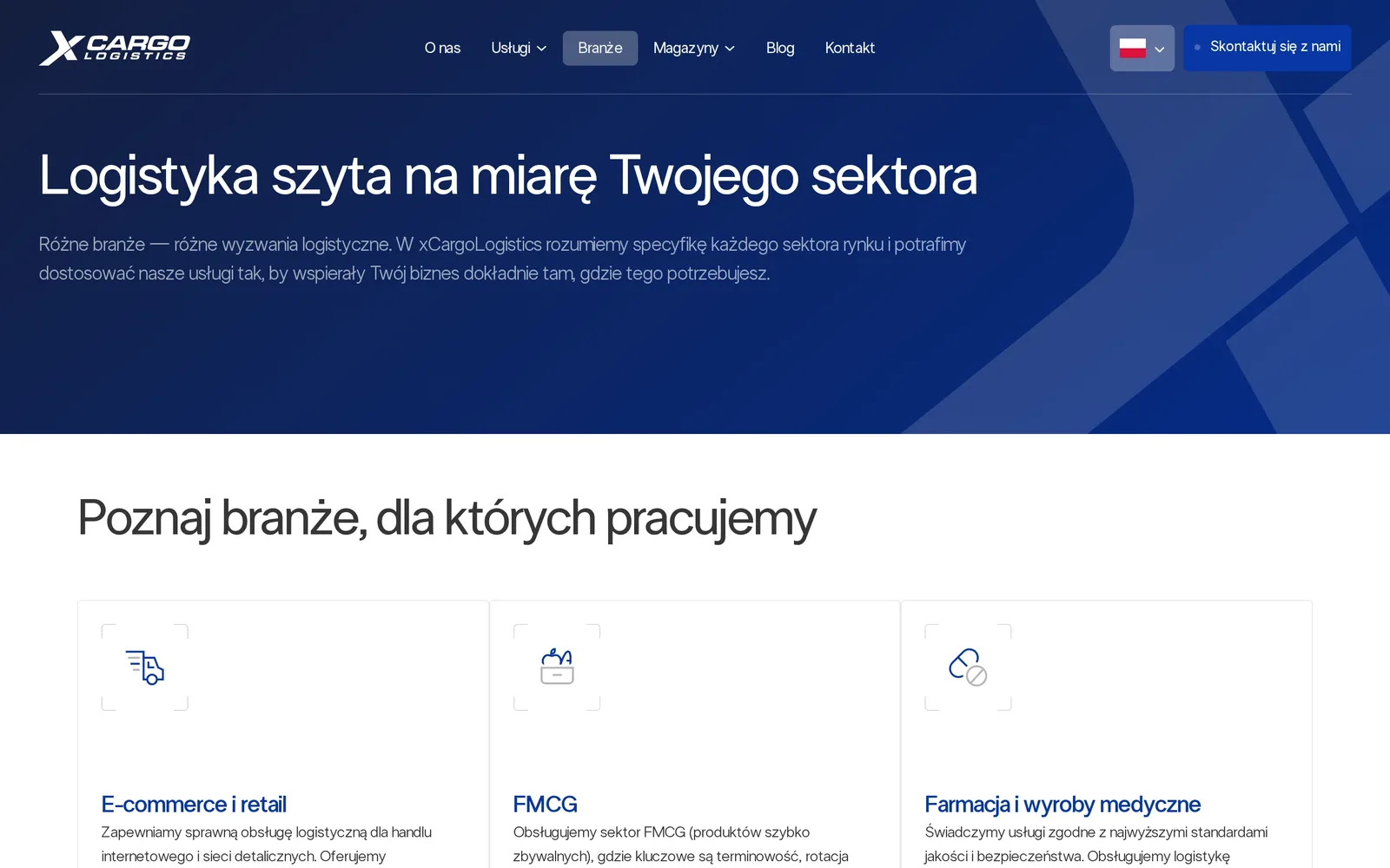 Podstrona branż xCargo Logistics: nagłówek „Logistyka szyta na miarę Twojego sektora” i początek kart branż e-commerce i retail, FMCG oraz farmacja
