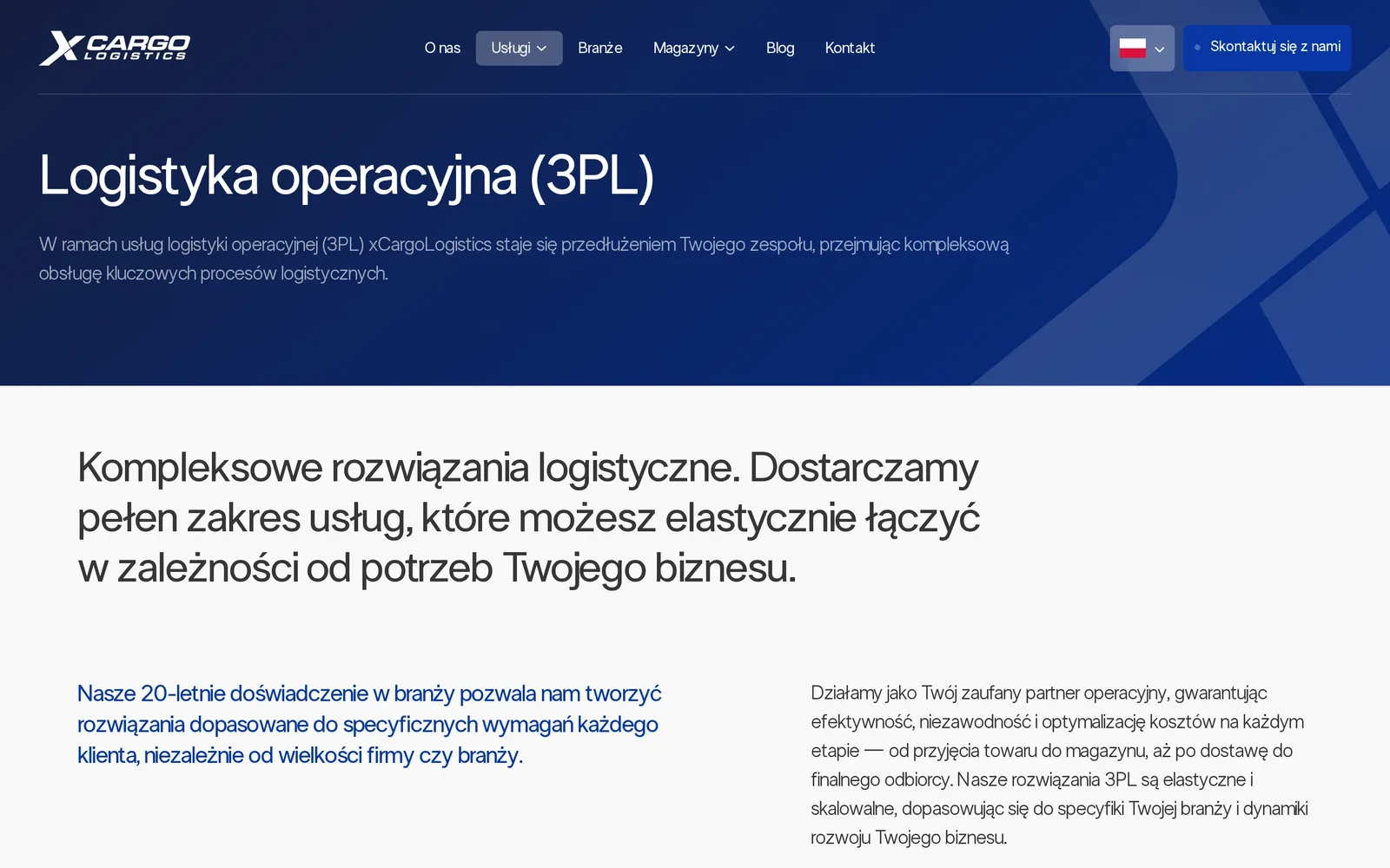 Podstrona usługi „Logistyka operacyjna (3PL)” na stronie xCargo Logistics: nagłówek z opisem usługi i wprowadzenie „Kompleksowe rozwiązania logistyczne”