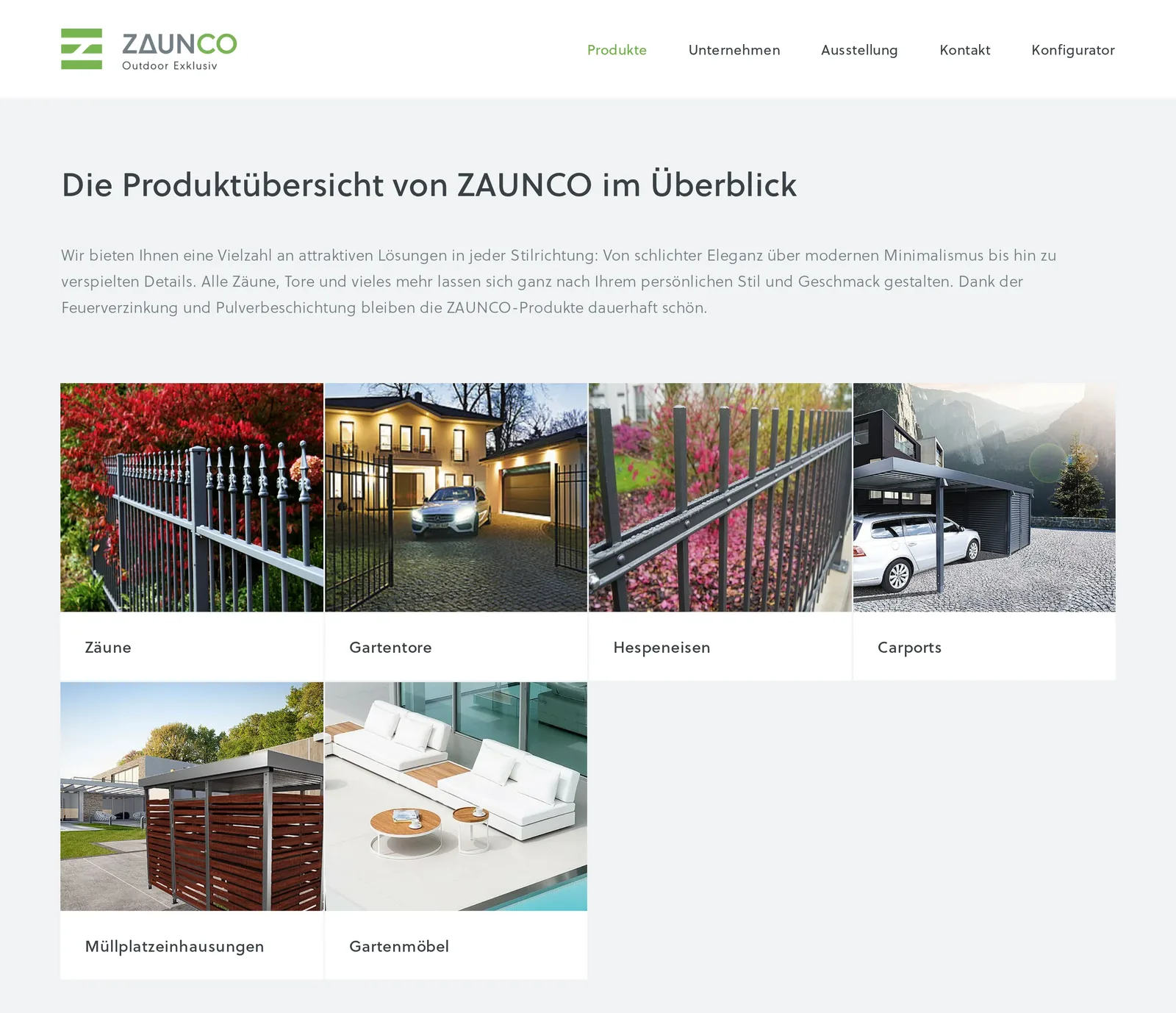 Przegląd produktów ZAUNCO: sześć kafli ze zdjęciami – ogrodzenia, bramy, Hespeneisen, wiaty garażowe, obudowy śmietników i meble ogrodowe